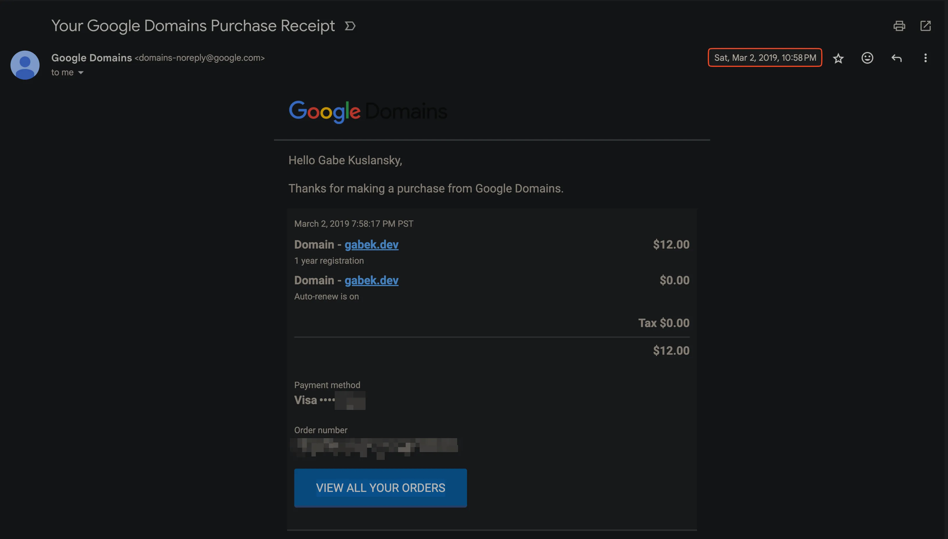 Google Domains purchase receipt for gabek.dev, March 2, 2019