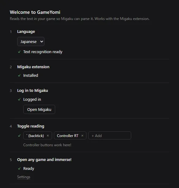 GameYomi's setup guide with every step checked: 1 Language, Japanese, text recognition ready; 2 Migaku extension, installed; 3 Log in to Migaku, logged in; 4 Toggle reading, set to ` (backtick) and Controller RT; 5 Open any game and immerse!, ready.