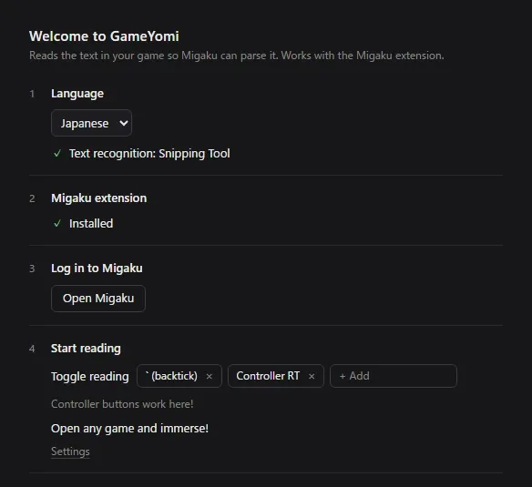 GameYomi’s setup guide: 1 Language, Japanese, with text recognition ready; 2 Migaku extension, installed; 3 Log in to Migaku, with an Open Migaku button; 4 Start reading, with the toggle set to ` (backtick) and Controller RT, the hint “Controller buttons work here!” and “Open any game and immerse!”
